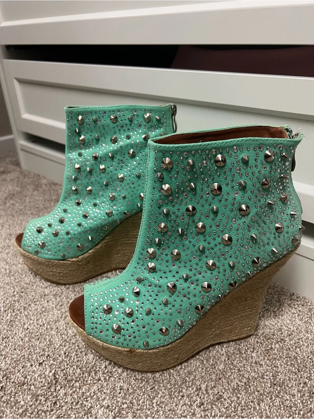 Studded Mint Green Wedge Peep-Toe Booties
